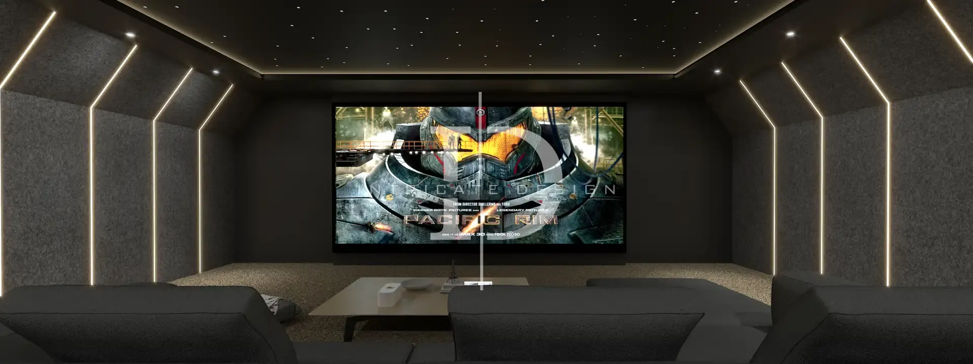 Dark cinema room with a star ceiling, lit wall strips and a large screen